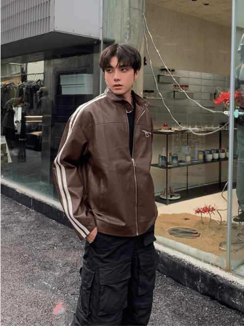 [K09] PU leather striped jacket st1918