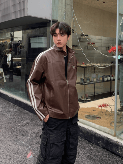 [K09] PU leather striped jacket st1918