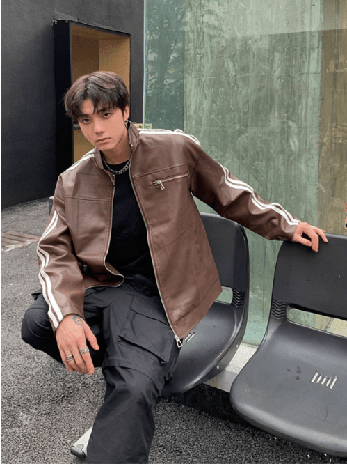 [K09] PU leather striped jacket st1918