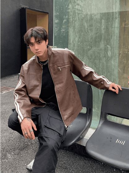 [K09] PU leather striped jacket st1918