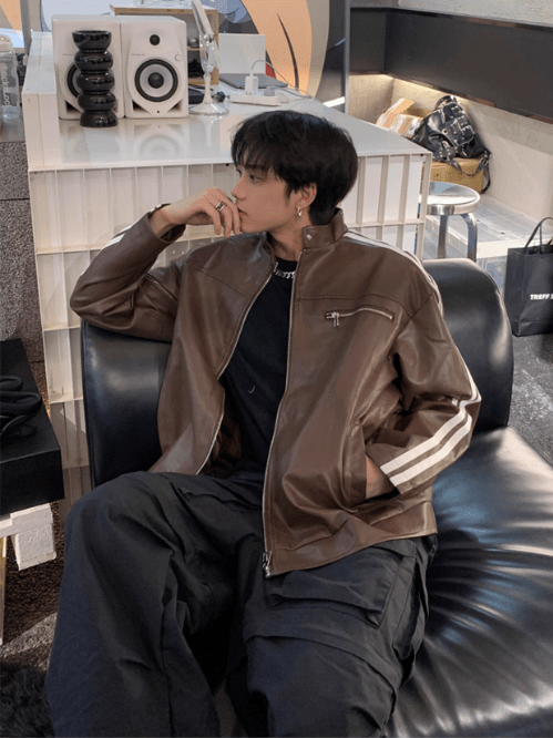 [K09] PU leather striped jacket st1918