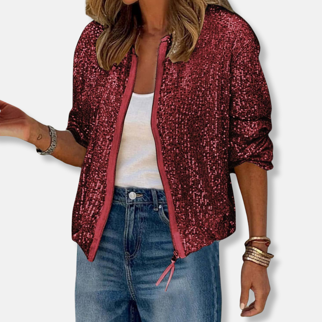 Isla Sequin Bomber Jacket | Relaxed Fit Hip-Length Bomber Jacket
