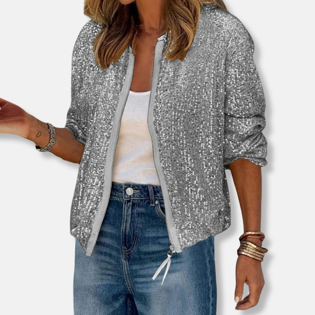 Isla Sequin Bomber Jacket | Relaxed Fit Hip-Length Bomber Jacket