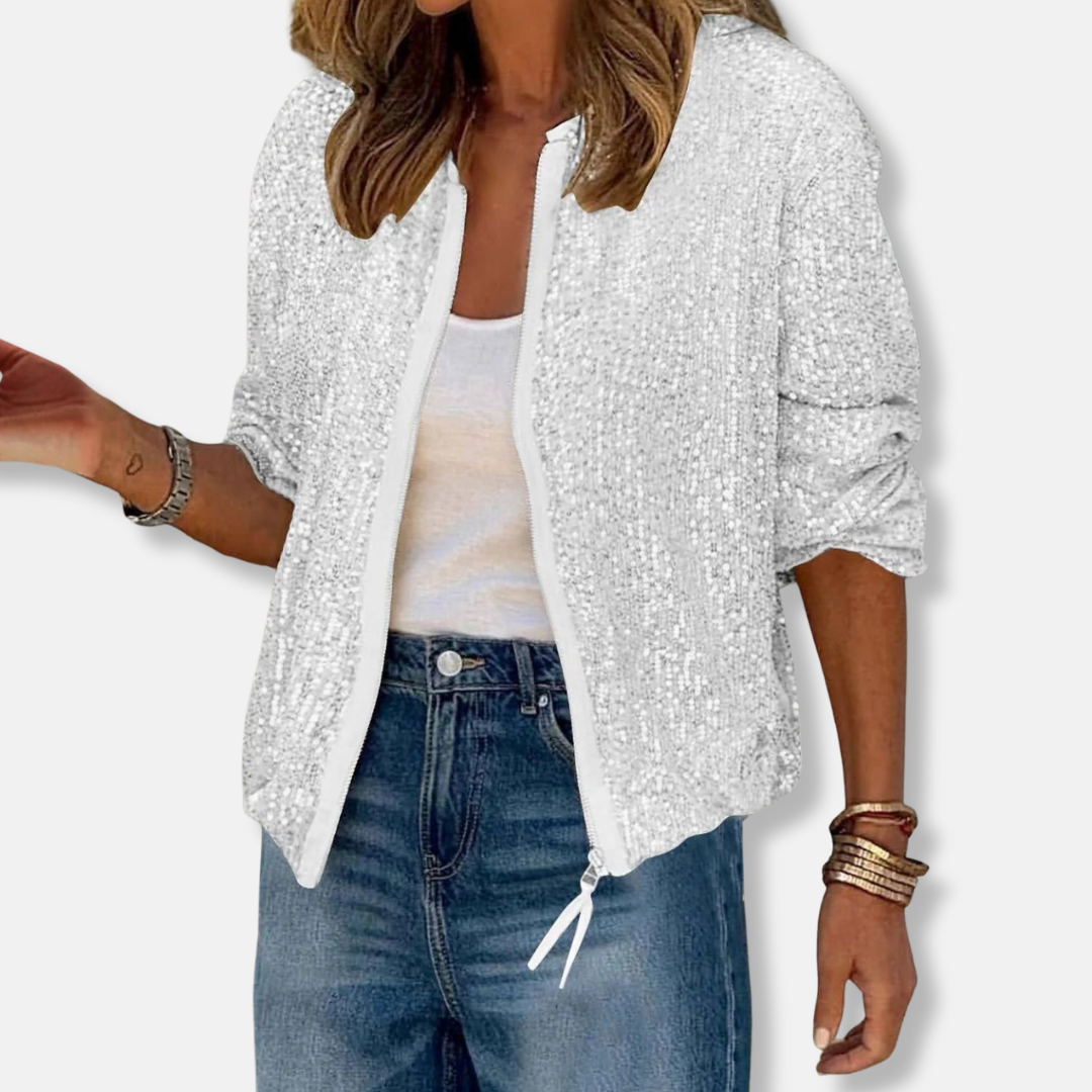 Isla Sequin Bomber Jacket | Relaxed Fit Hip-Length Bomber Jacket