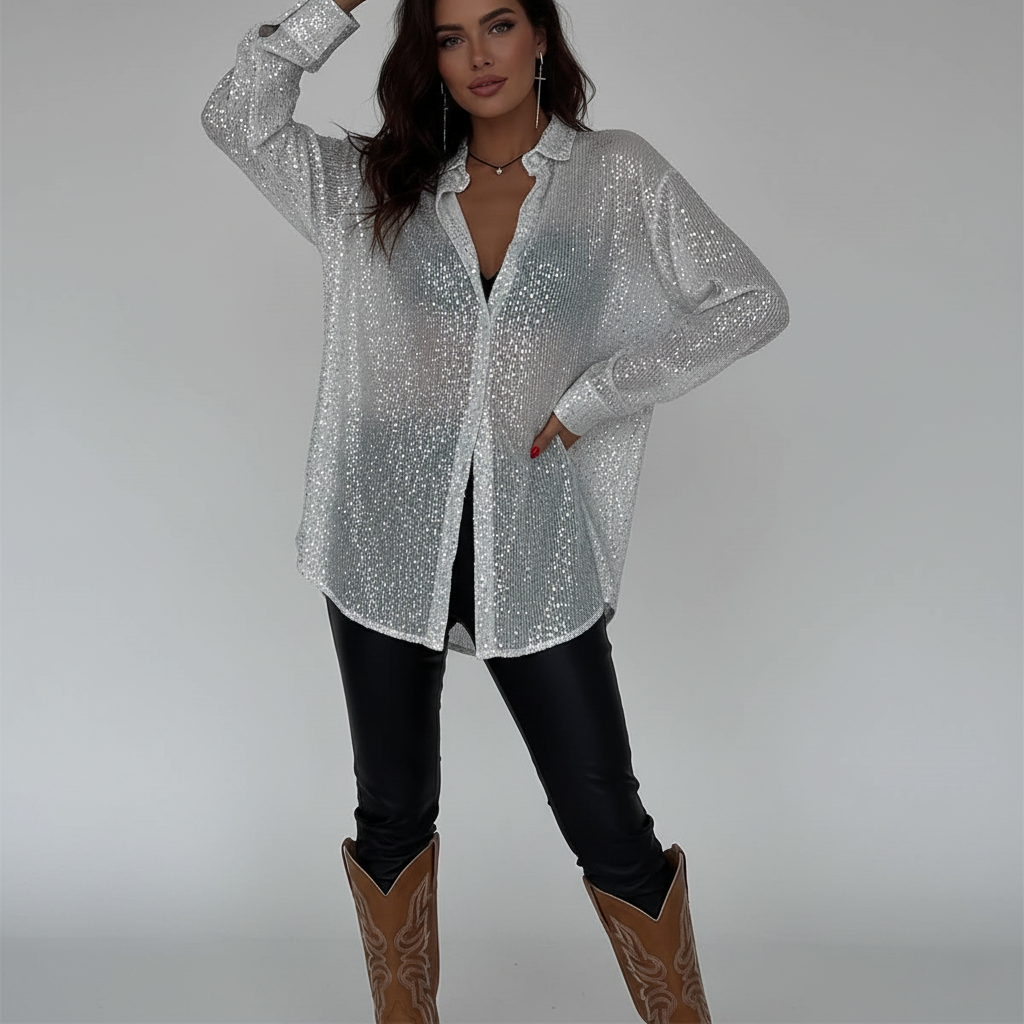 Elegant Sequin Long Sleeve Button-Up Shirt for Women