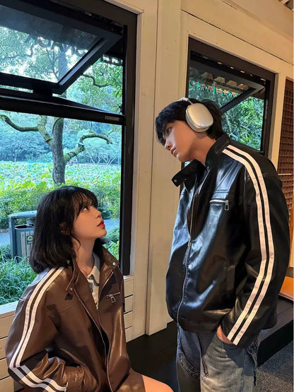 [K09] PU leather striped jacket st1918