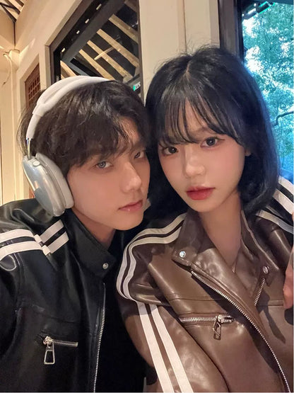 [K09] PU leather striped jacket st1918