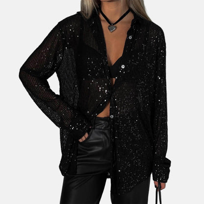 Elegant Sequin Long Sleeve Button-Up Shirt for Women