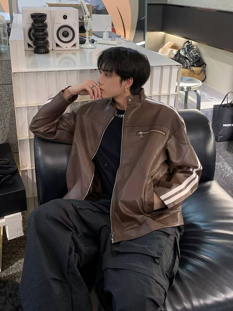 [K09] PU leather striped jacket st1918