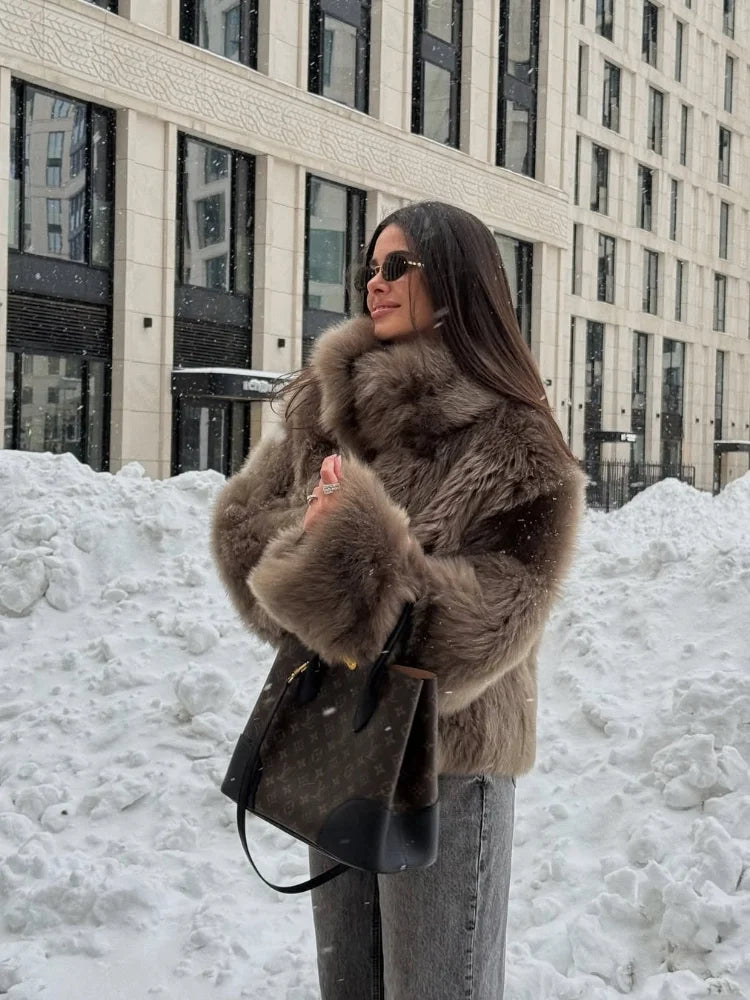 Winter Women Warm Faux Fur Coats Fashion Browns Long Sleeve Stand Collar Short Jackets 2025 Lady High Street Commute Outerwear