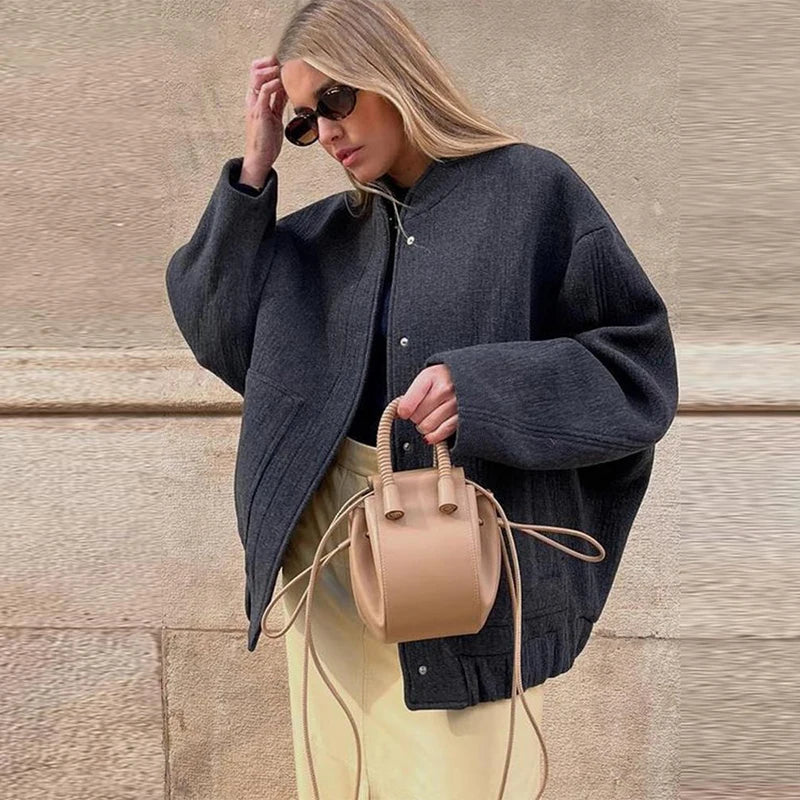 Olivia Oversized Pilot Jacket | Band Collar Snap Button Pilot Jacket