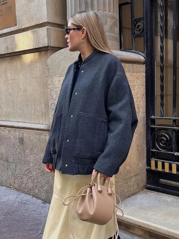 Olivia Oversized Pilot Jacket | Band Collar Snap Button Pilot Jacket