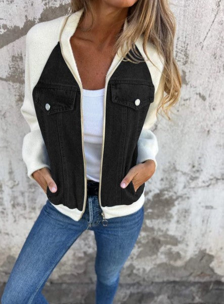 Sienna Mixed Material Regular Fit Bomber Jacket | Zip Front Ribbed Collar Bomber Jacket