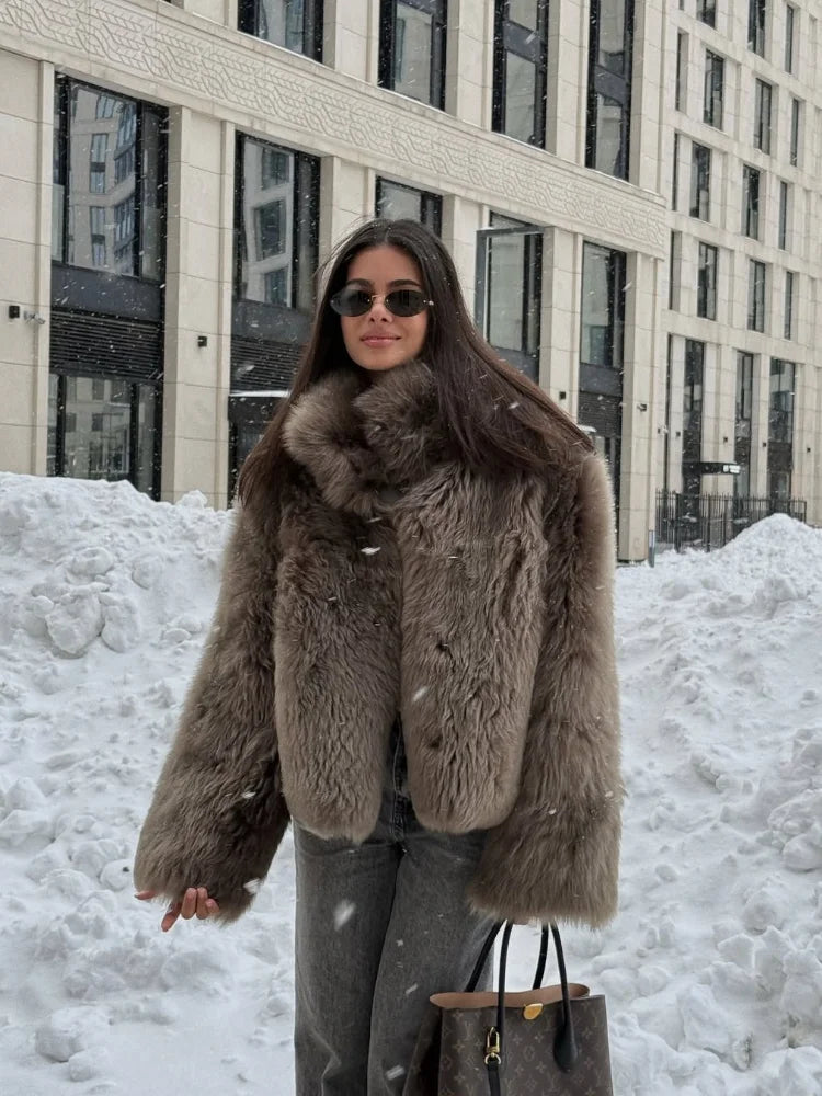 Winter Women Warm Faux Fur Coats Fashion Browns Long Sleeve Stand Collar Short Jackets 2025 Lady High Street Commute Outerwear