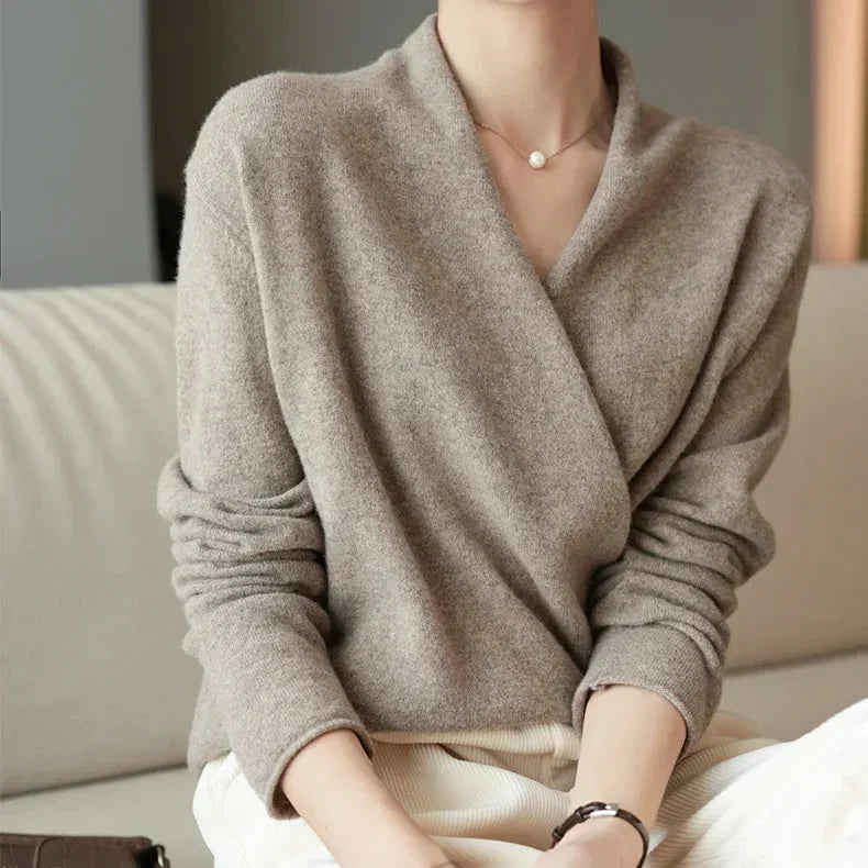 Florence Wrap Front V-Neck Pullover Sweater | Relaxed Fit Long Sleeve Sweater