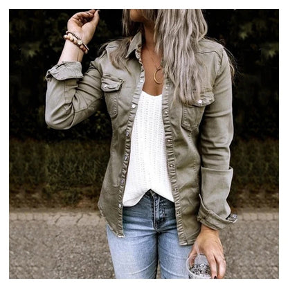 Amelia Relaxed Fit Denim Jacket | Button Front Flap Pockets Denim Jacket
