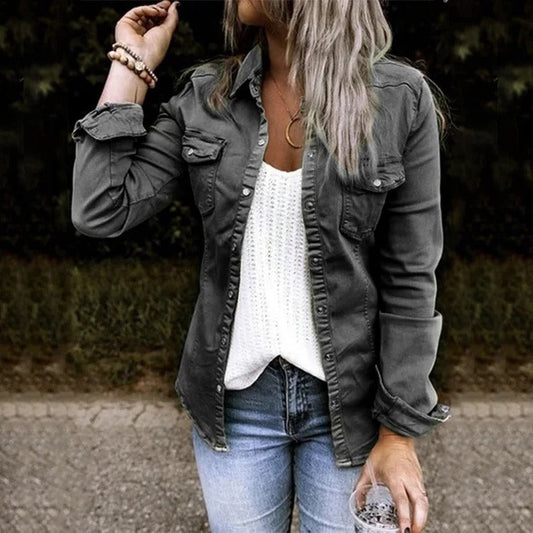 Amelia Relaxed Fit Denim Jacket | Button Front Flap Pockets Denim Jacket