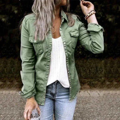 Amelia Relaxed Fit Denim Jacket | Button Front Flap Pockets Denim Jacket